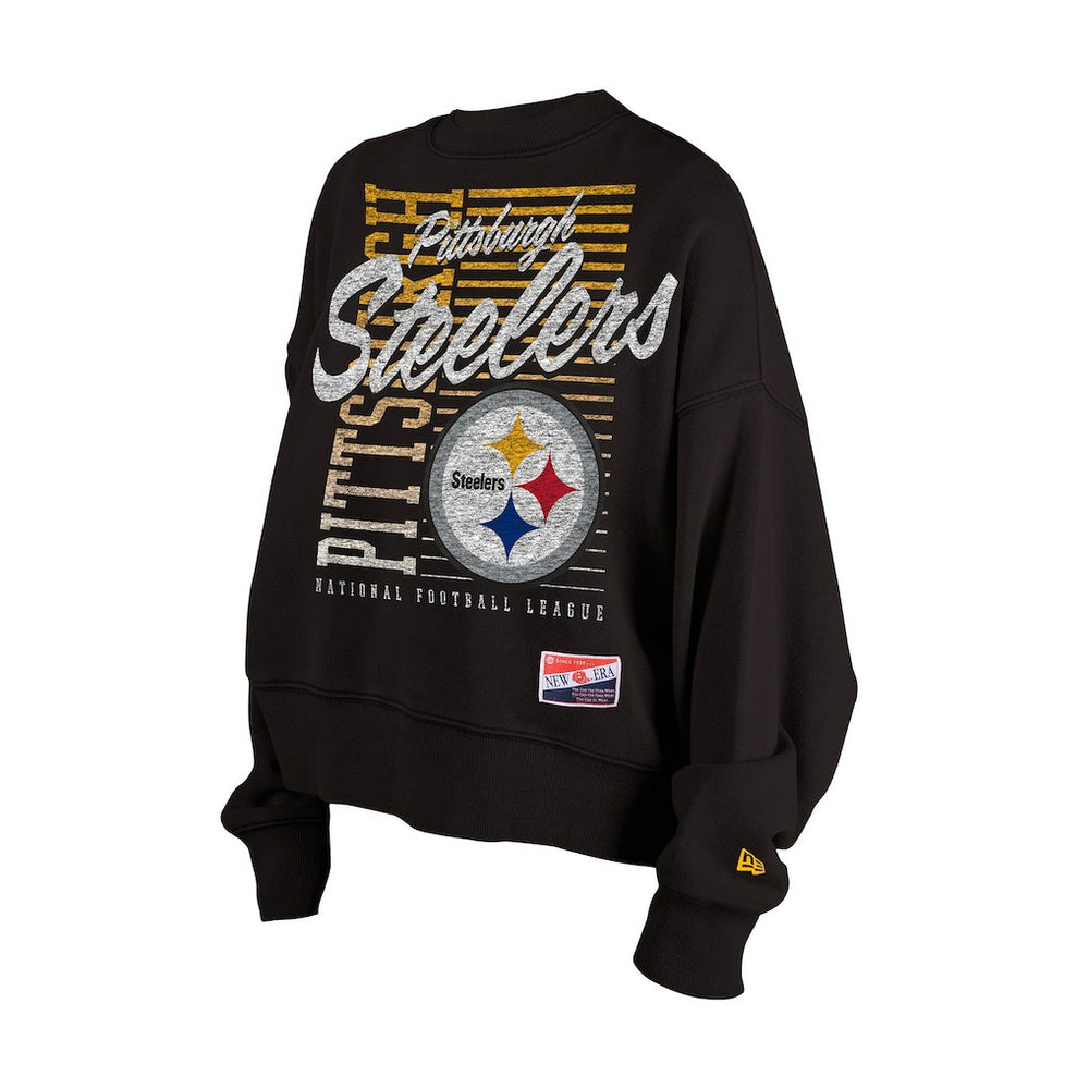 Pittsburgh Steelers New Era Women's Oversized Throwback Mineral Wash Crew Neck Sweatshirt Black