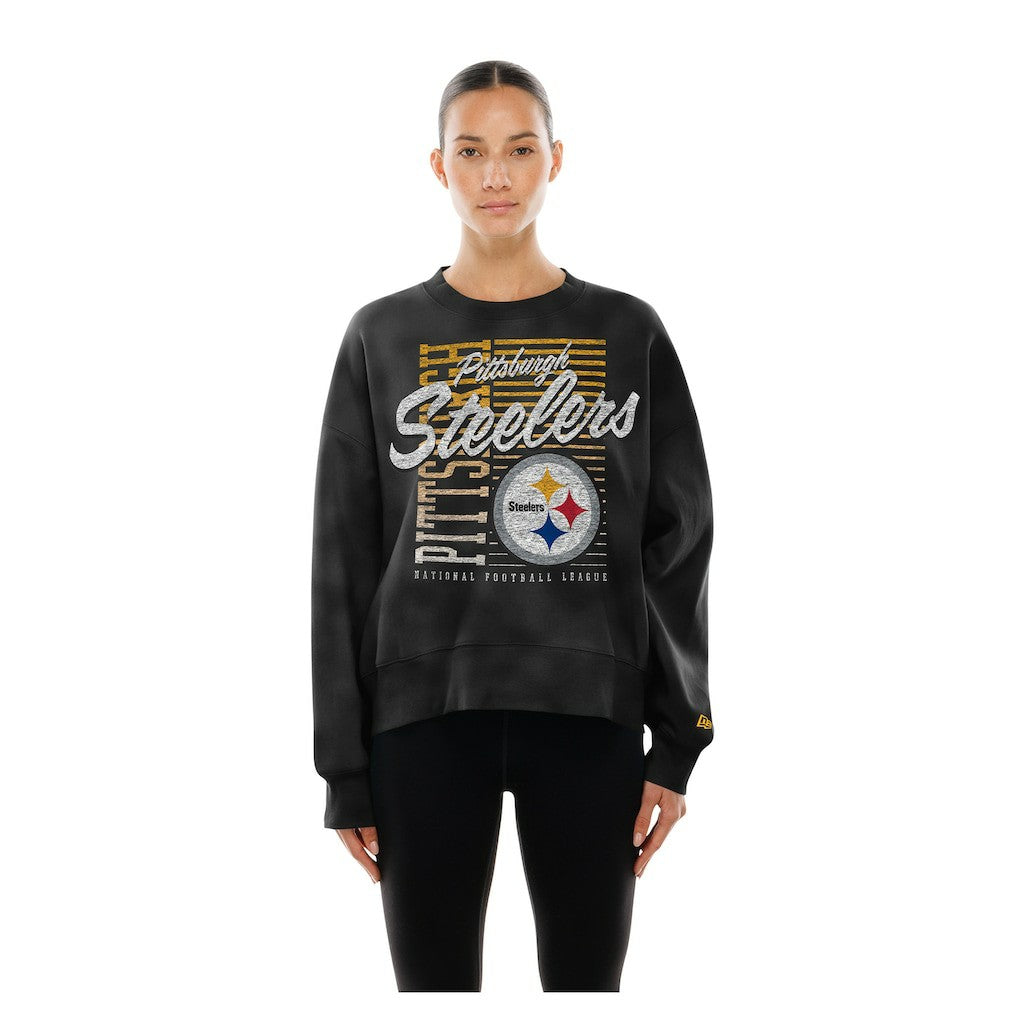 Pittsburgh Steelers New Era Women's Oversized Throwback Mineral Wash Crew Neck Sweatshirt Black