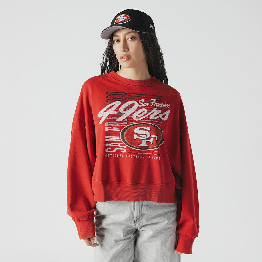 San Francisco 49ers New Era Women's Oversized Throwback Mineral Wash Crew Neck Sweatshirt Scarlet