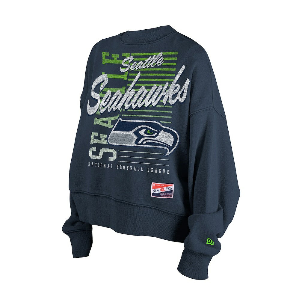 Seattle Seahawks New Era Women's Oversized Throwback Mineral Wash Crew Neck Sweatshirt College Navy