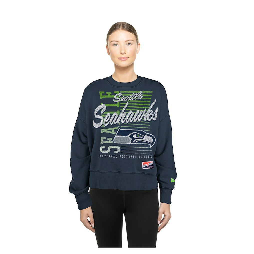 Seattle Seahawks New Era Women's Oversized Throwback Mineral Wash Crew Neck Sweatshirt College Navy