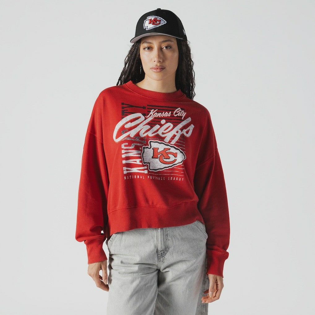 Kansas City Chiefs New Era Women's Oversized Throwback Mineral Wash Crew Neck Sweatshirt Red