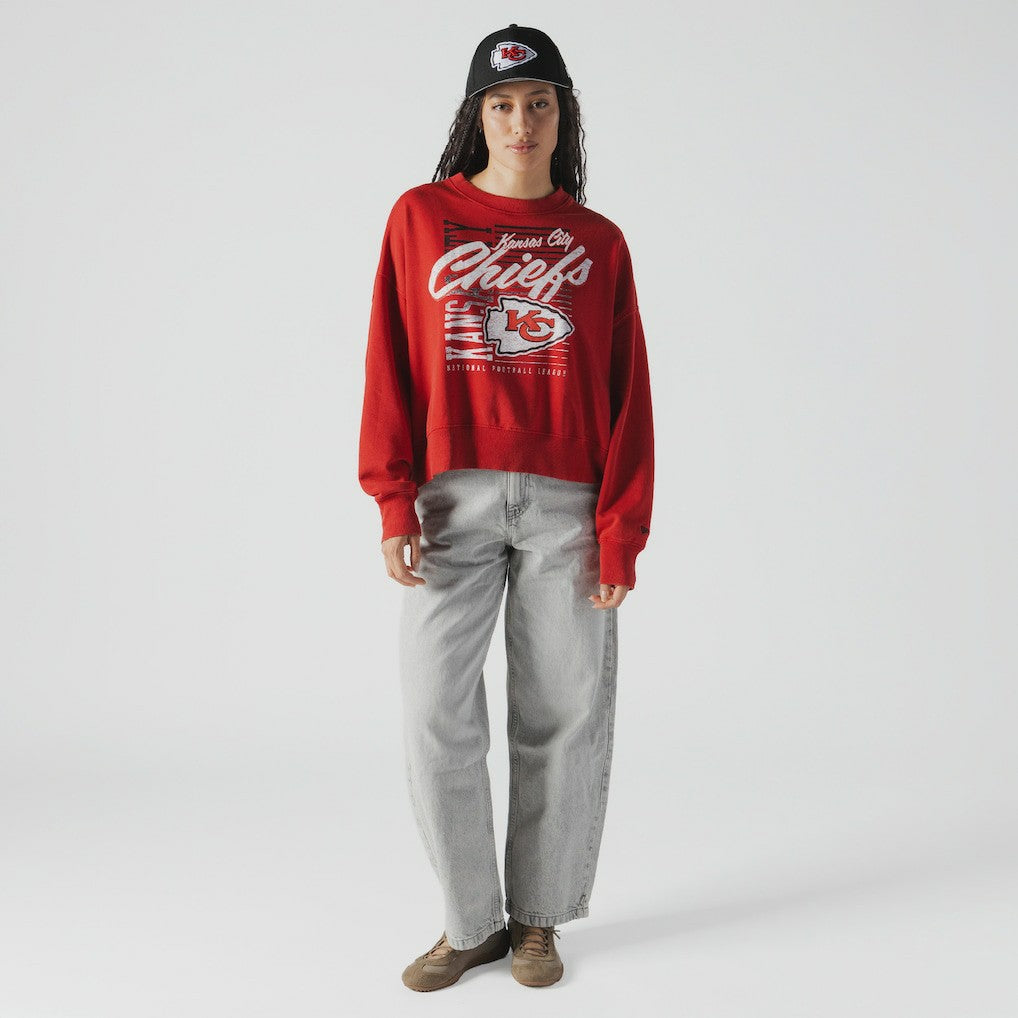 Kansas City Chiefs New Era Women's Oversized Throwback Mineral Wash Crew Neck Sweatshirt Red