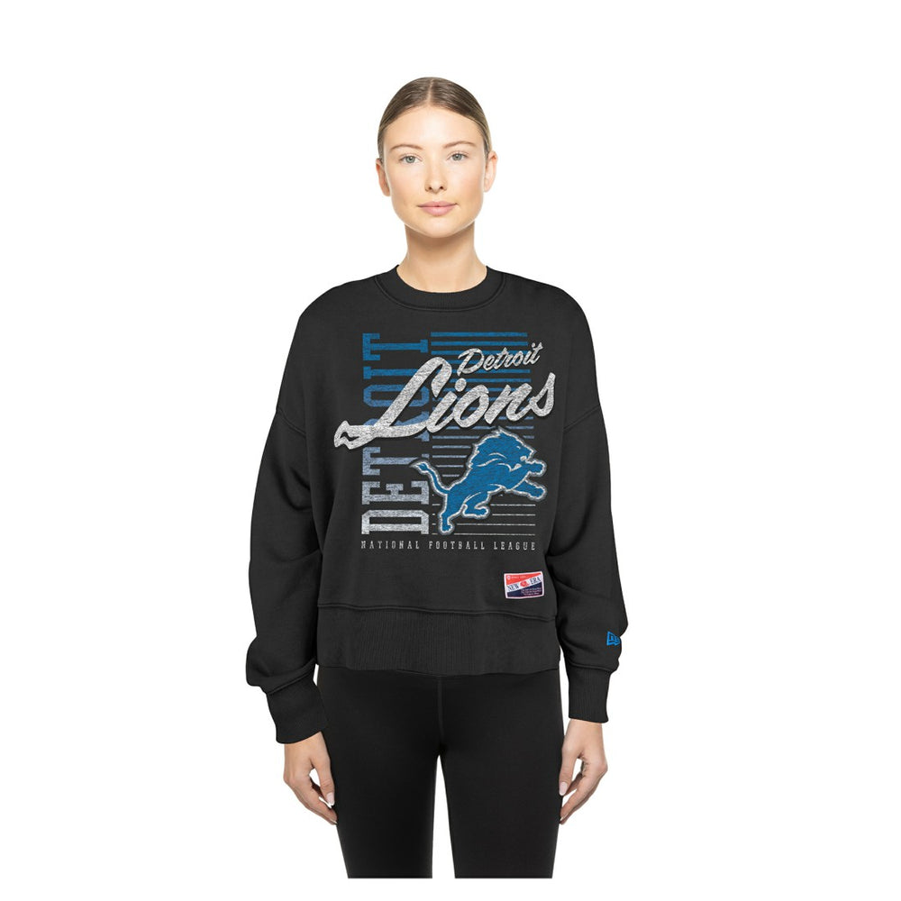 Detroit Lions New Era Women's Oversized Throwback Mineral Wash Crew Neck Sweatshirt Black