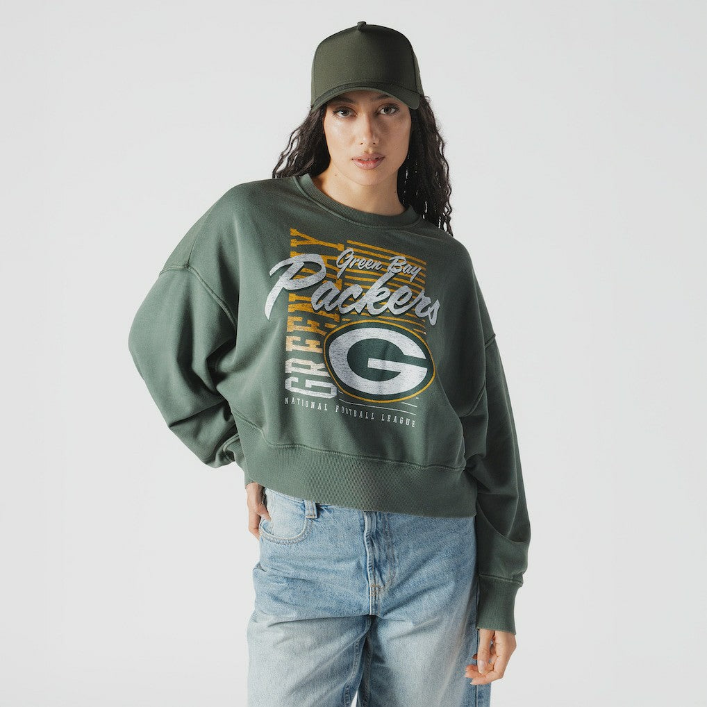 Green Bay Packers New Era Women's Oversized Throwback Mineral Wash Crew Neck Sweatshirt Green