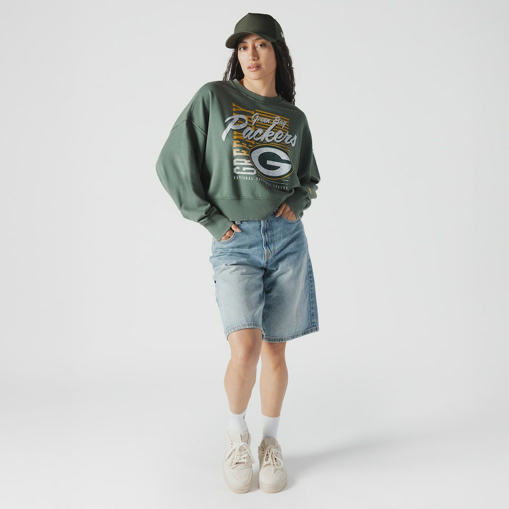 Green Bay Packers New Era Women's Oversized Throwback Mineral Wash Crew Neck Sweatshirt Green
