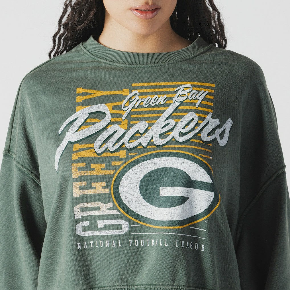 Green Bay Packers New Era Women's Oversized Throwback Mineral Wash Crew Neck Sweatshirt Green