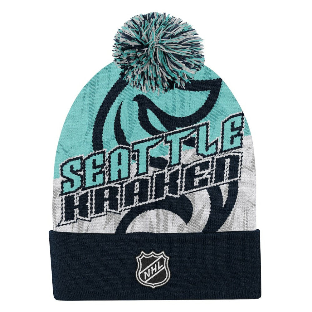 NHL Seattle Kraken Outerstuff Youth New Edge Cuffed Knit Hat with Pom - Navy