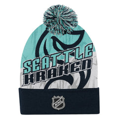 NHL Seattle Kraken Outerstuff Youth New Edge Cuffed Knit Hat with Pom - Navy