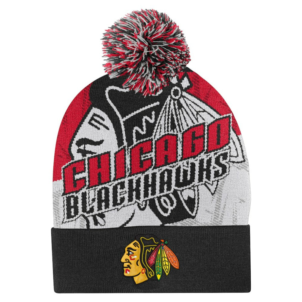 NHL Chicago Blackhawks Outerstuff Youth New Edge Cuffed Knit Hat with Pom - Red