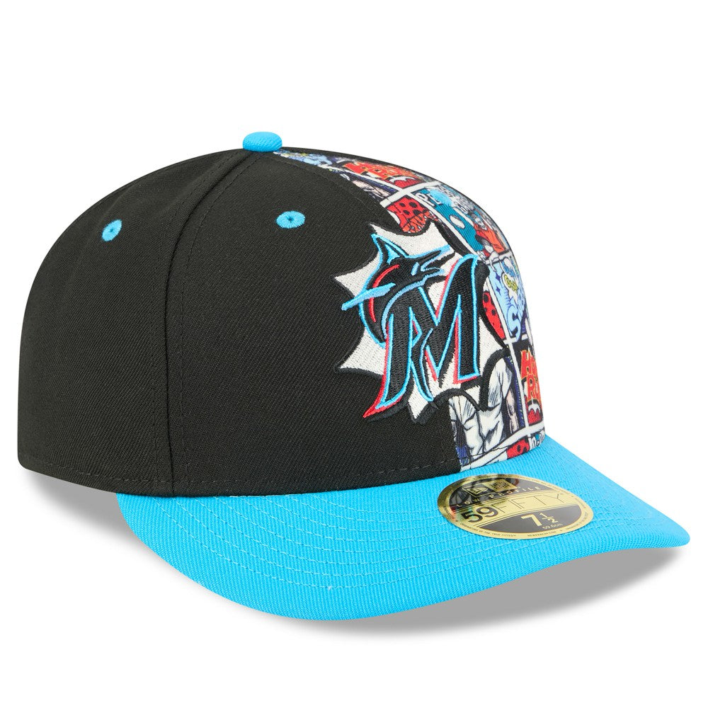 Miami Marlins New Era 2025 MLB Diamond Hero Edition Low Profile 59FIFTY Fitted Hat - Black/Blue Hats