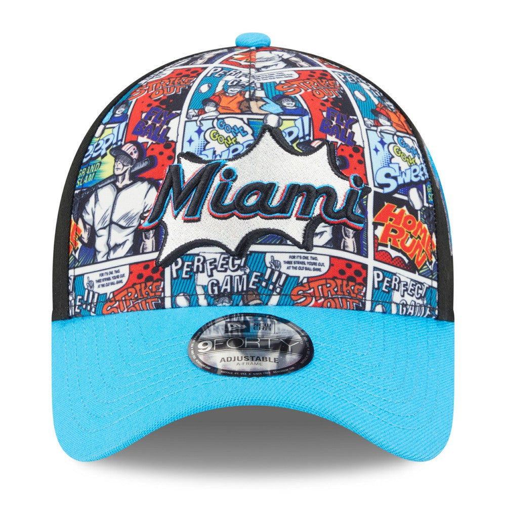 Miami Marlins New Era Youth 2025 MLB Diamond Hero Edition A-Frame 9FORTY Adjustable Hat - Black/Blue Hats