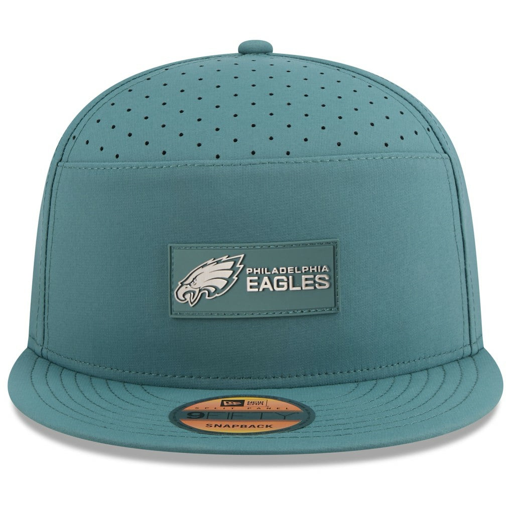 Philadelphia Eagles New Era 2025 Sideline Split Panel 9FIFTY Snapback Hat Midnight Green