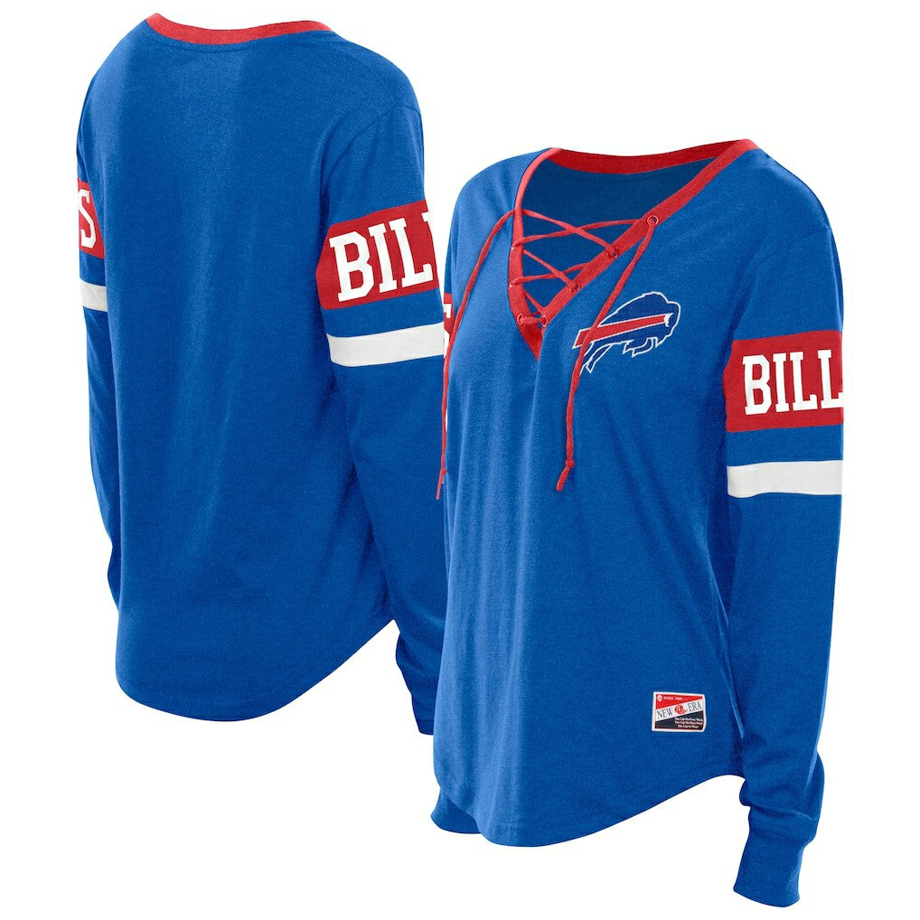 Buffalo Bills New Era Women's Plus Size Throwback Lace-Up Long Sleeve T-Shirt Blue