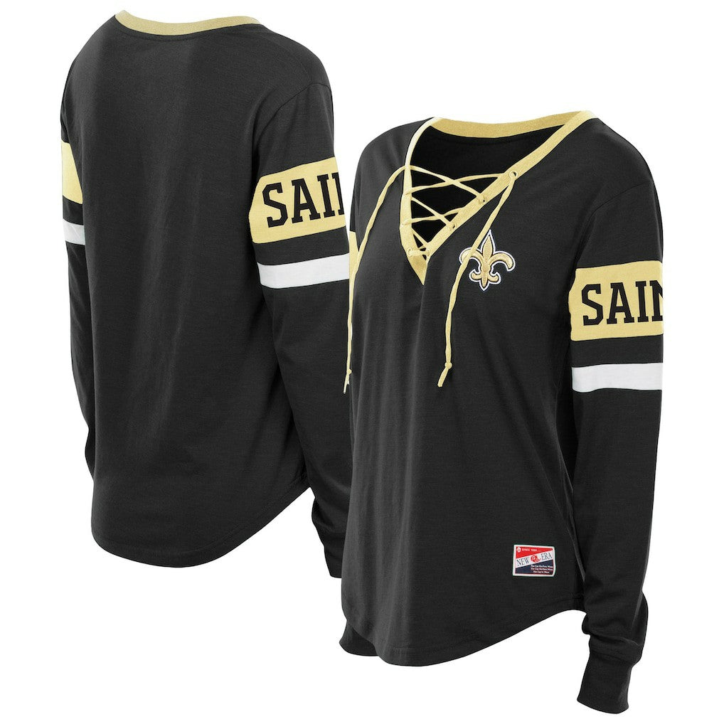 New Orleans Saints New Era Women's Plus Size Throwback Lace-Up Long Sleeve T-Shirt Black