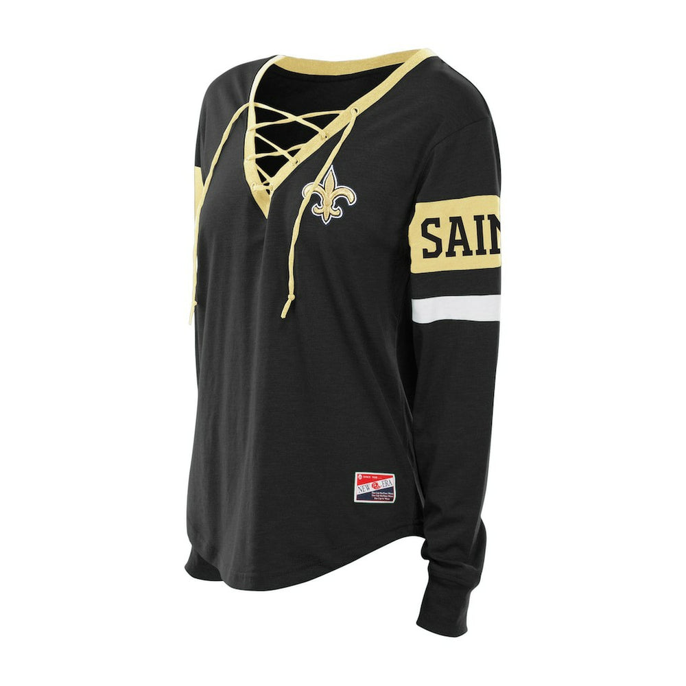 New Orleans Saints New Era Women's Plus Size Throwback Lace-Up Long Sleeve T-Shirt Black