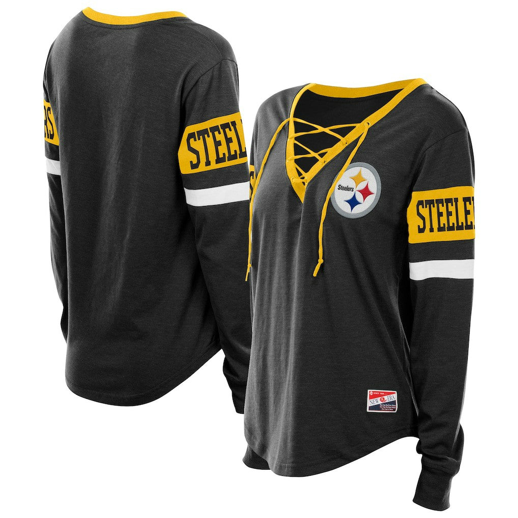 Pittsburgh Steelers New Era Women's Plus Size Throwback Lace-Up Long Sleeve T-Shirt Black