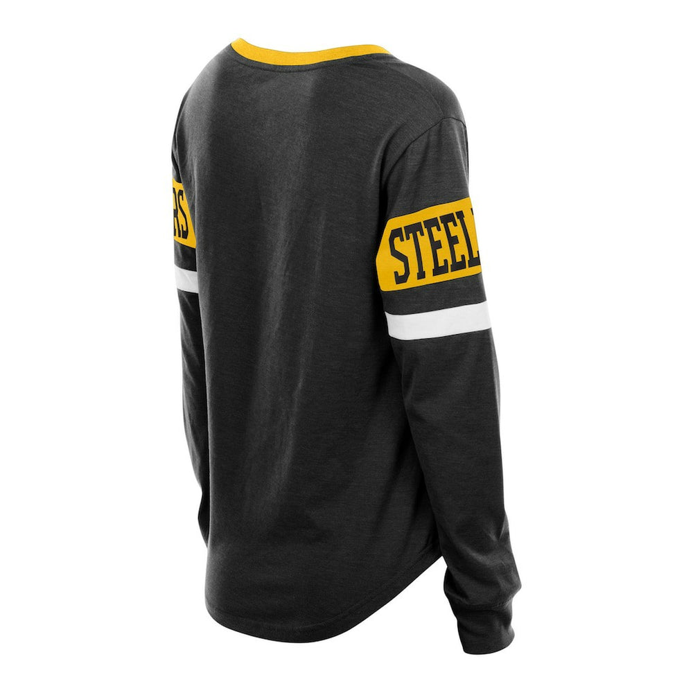 Pittsburgh Steelers New Era Women's Plus Size Throwback Lace-Up Long Sleeve T-Shirt Black