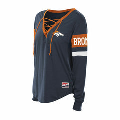 Denver Broncos New Era Women's Plus Size Throwback Lace-Up Long Sleeve T-Shirt Navy