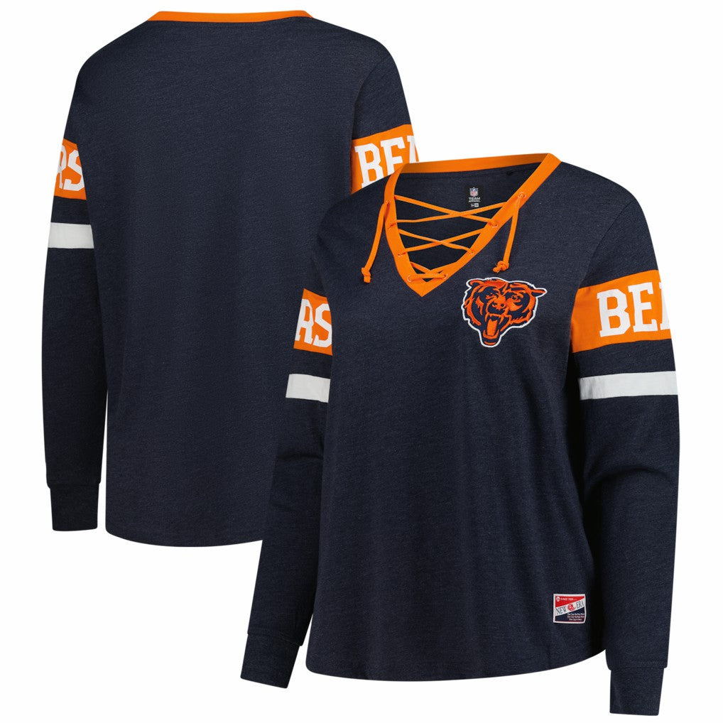 Chicago Bears New Era Women's Plus Size Throwback Lace-Up Long Sleeve T-Shirt Navy