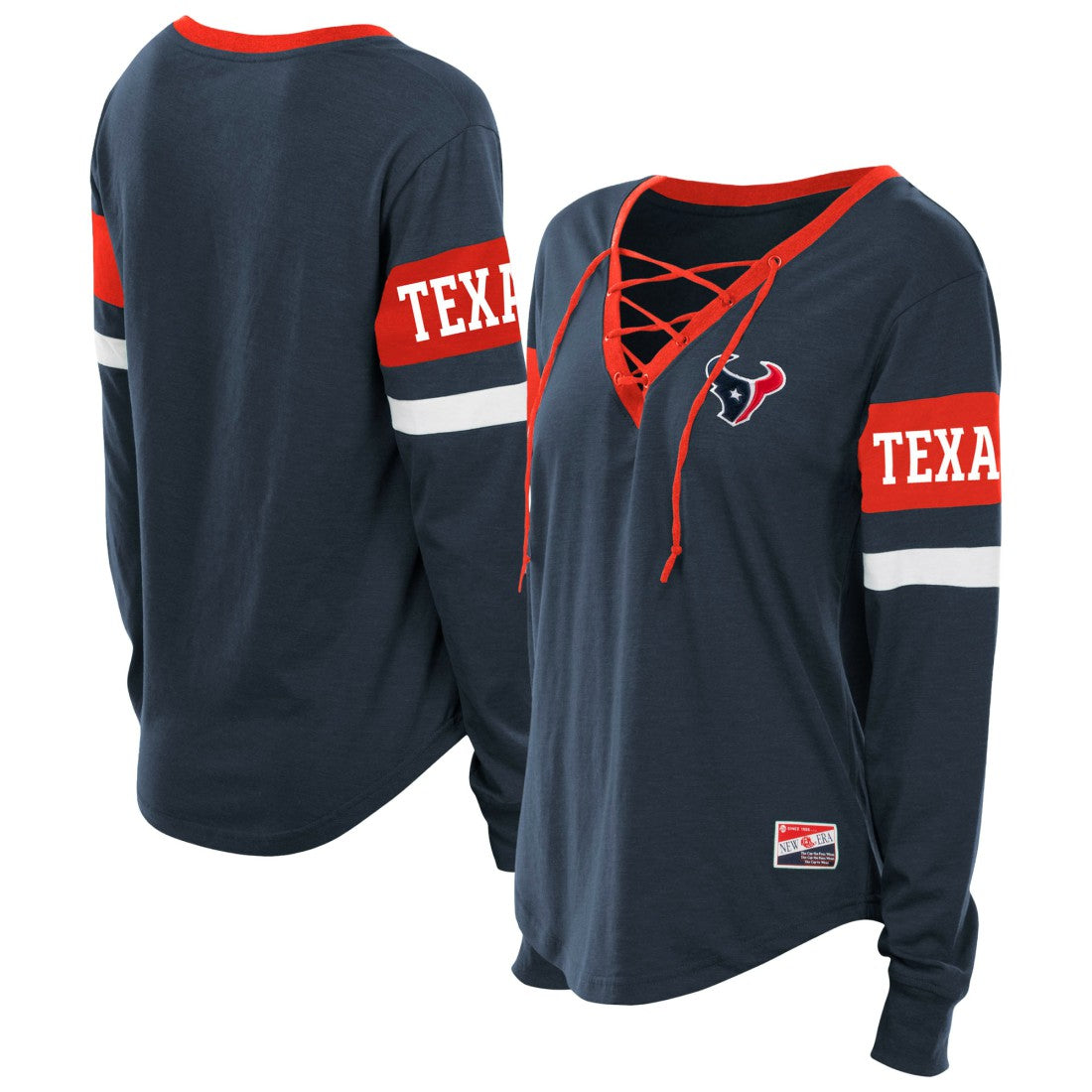Houston Texans New Era Women's Plus Size Throwback Lace-Up Long Sleeve T-Shirt Navy