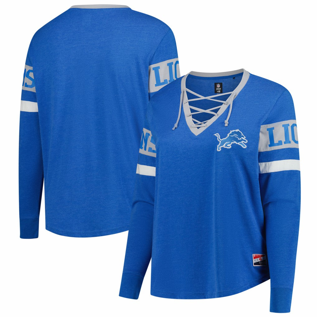 Detroit Lions New Era Women's Plus Size Throwback Lace-Up Long Sleeve T-Shirt Blue