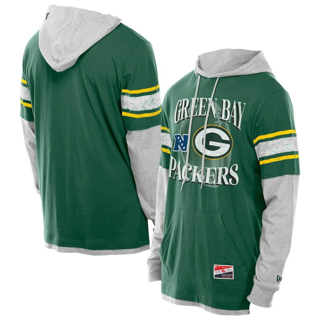 Green Bay Packers New Era Twofer Layered Long Sleeve Hoodie T-Shirt Green