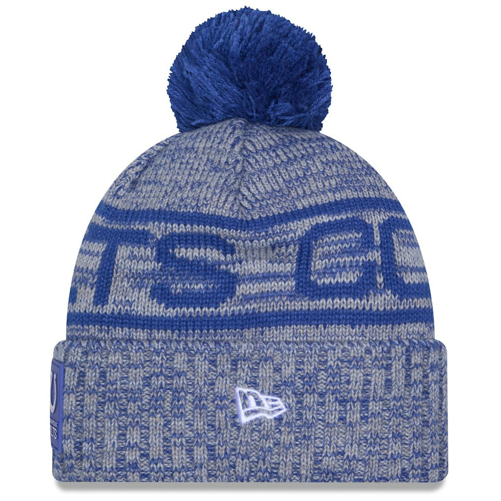 Indianapolis Colts New Era 2025 Sideline Cold Weather Cuffed Knit Hat with Pom Royal