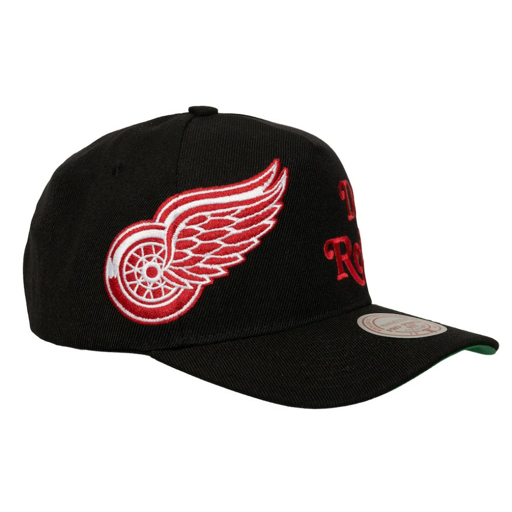 NHL Detroit Red Wings Mitchell & Ness Busted Logo Wordmark Wrap-Around Pro Pinch Adjustable Hat - Black