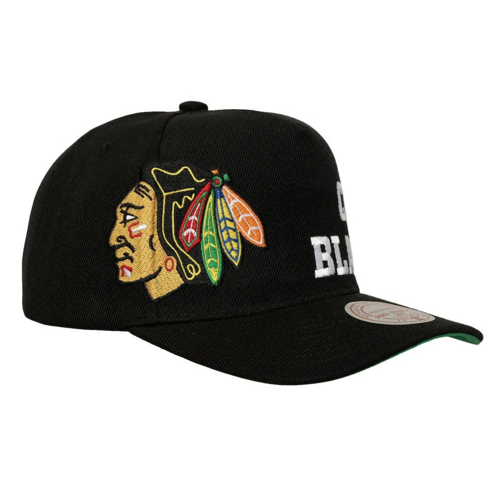 NHL Chicago Blackhawks Mitchell & Ness Busted Logo Wordmark Wrap Around Pro Pinch Adjustable Hat - Black