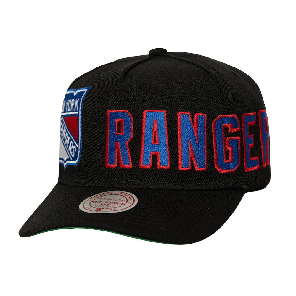 NHL New York Rangers Mitchell & Ness Busted Logo Wordmark Wrap-Around Pro Pinch Adjustable Hat - Black