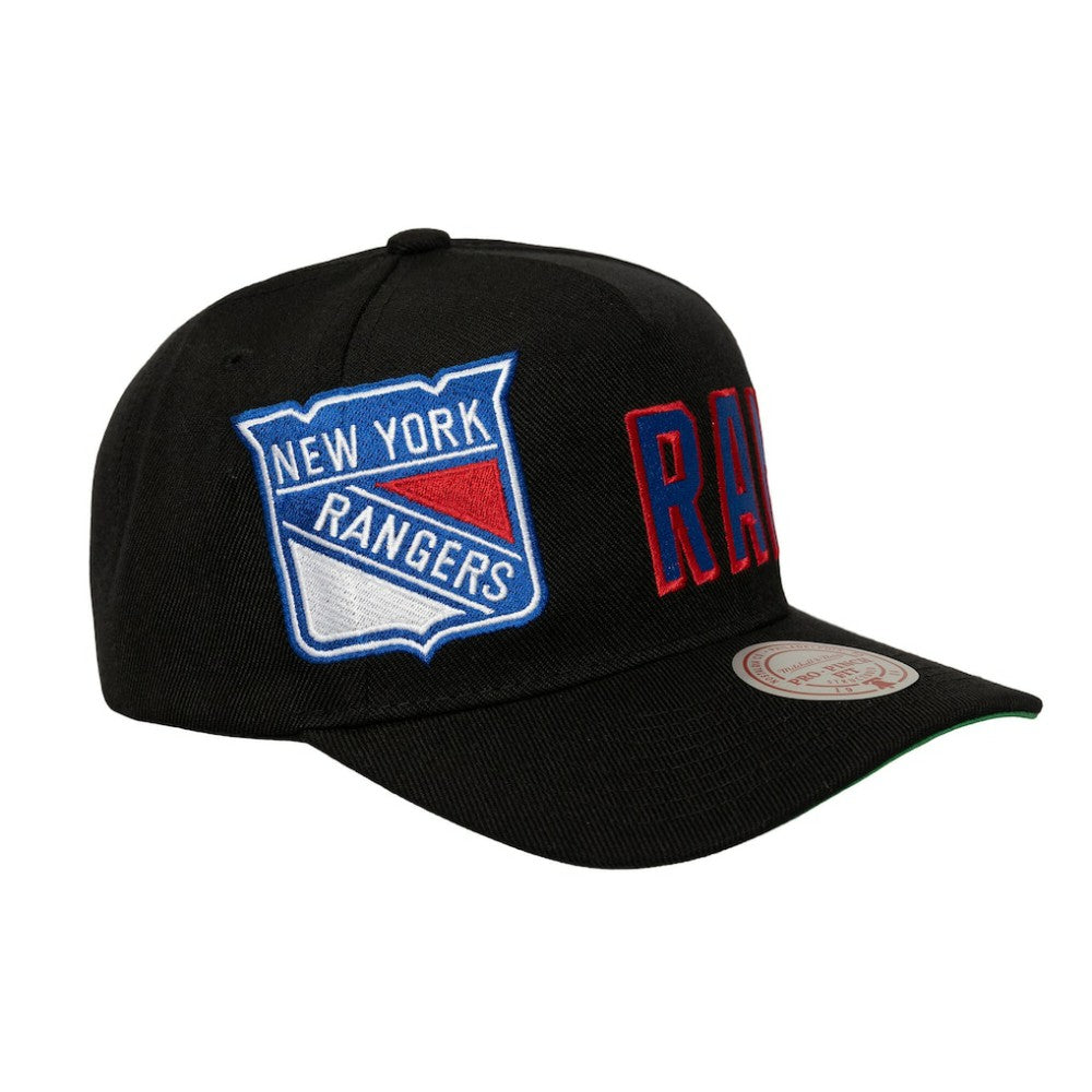 NHL New York Rangers Mitchell & Ness Busted Logo Wordmark Wrap-Around Pro Pinch Adjustable Hat - Black
