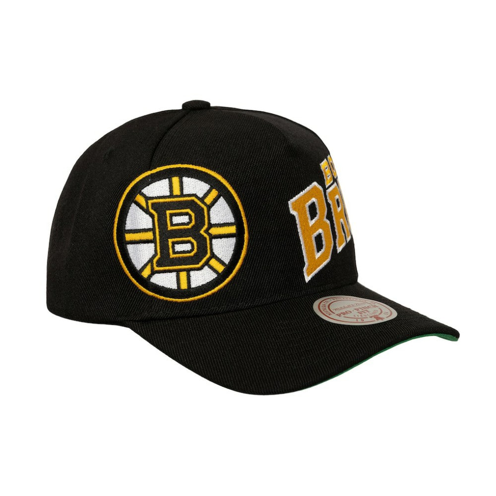 NHL Boston Bruins Mitchell & Ness Busted Logo Wordmark Wrap-Around Pro Pinch Adjustable Hat - Black
