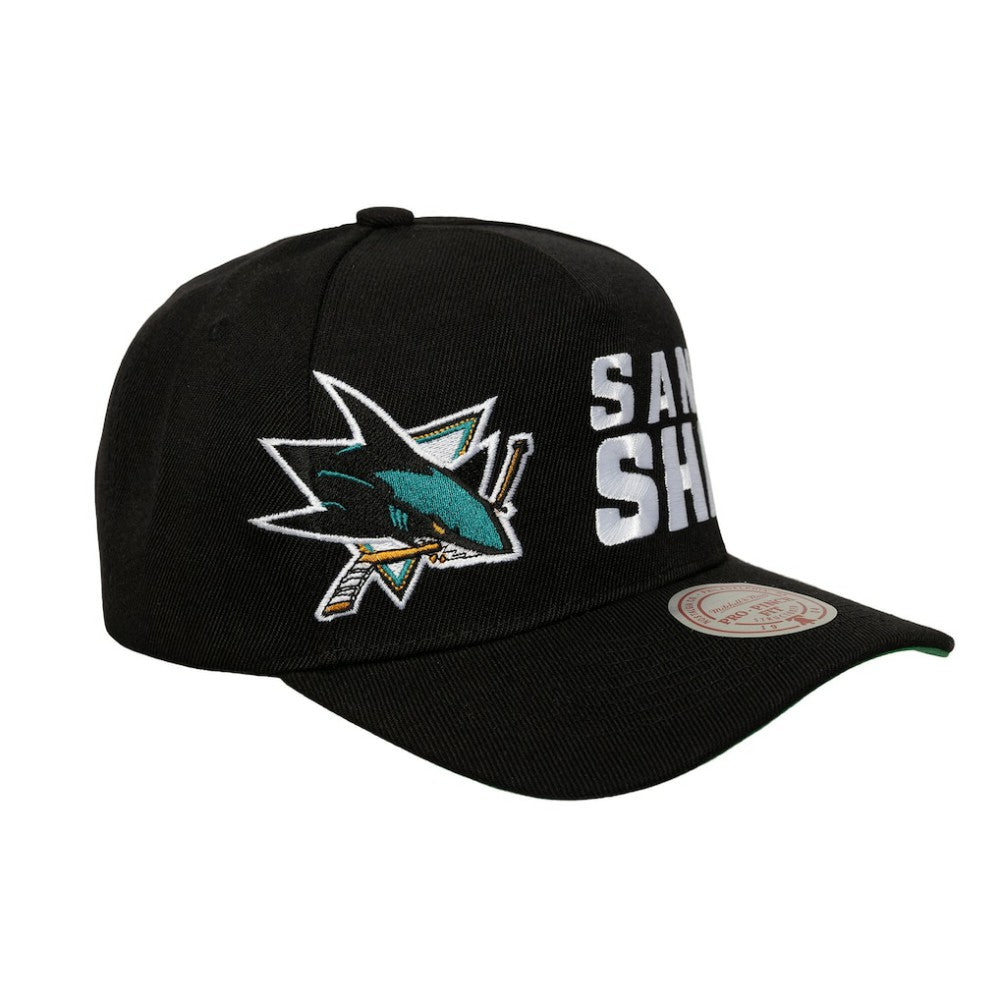 NHL San Jose Sharks Mitchell & Ness Busted Logo Wordmark Wrap-Around Pro Pinch Adjustable Hat - Black