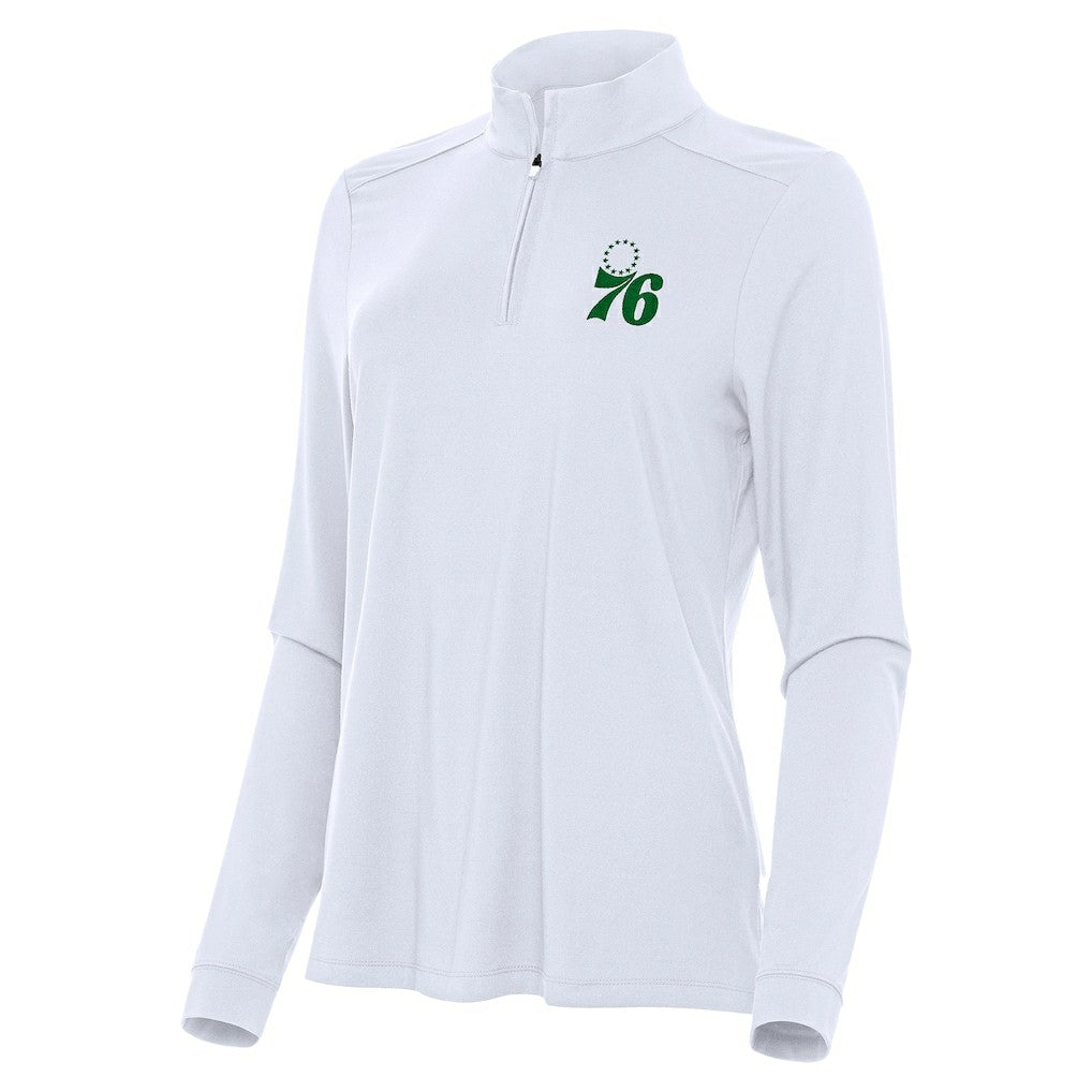 Philadelphia 76ers Antigua Women's St. Patrick's Day Intent Quarter-Zip Top White