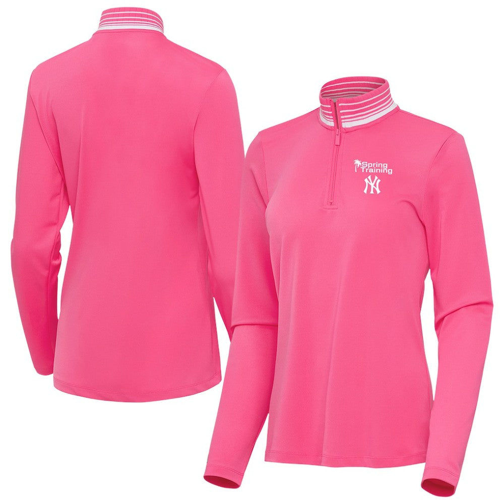 New York Yankees Antigua Women's Spring Training Palmetto Quarter-Zip Top - Pink Tops