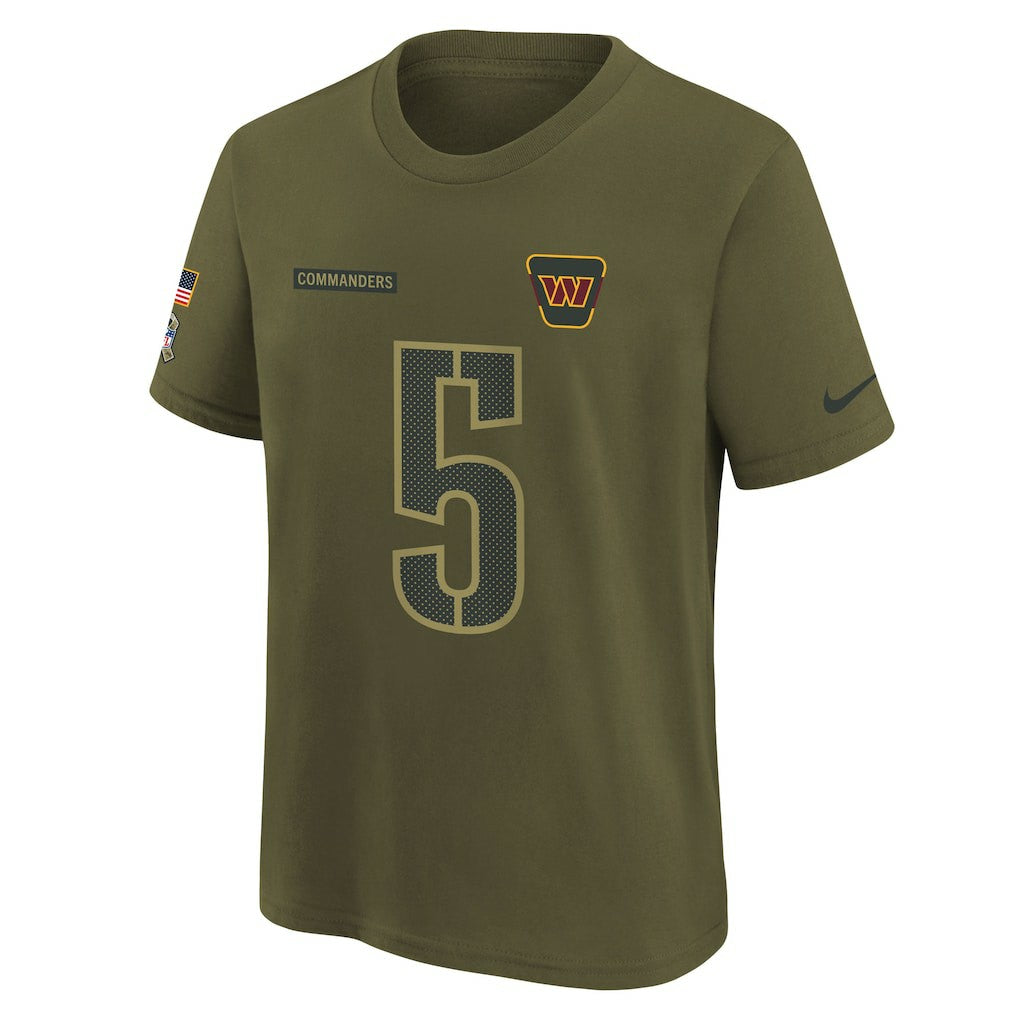 Jayden Daniels Washington Commanders Youth 2025 Salute to Service Name & Number T-Shirt Olive