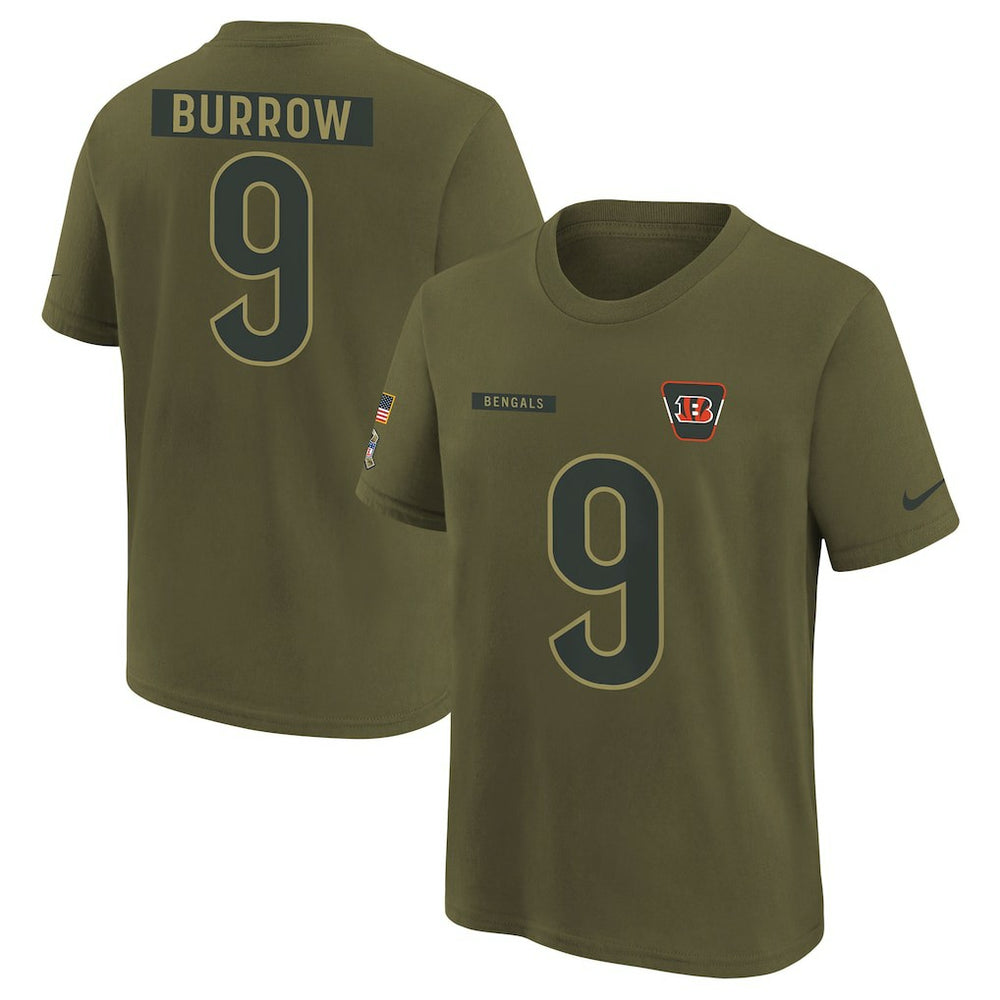 Joe Burrow Cincinnati Bengals Youth 2025 Salute to Service Name & Number T-Shirt Olive