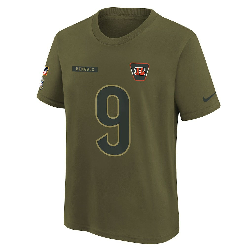 Joe Burrow Cincinnati Bengals Youth 2025 Salute to Service Name & Number T-Shirt Olive