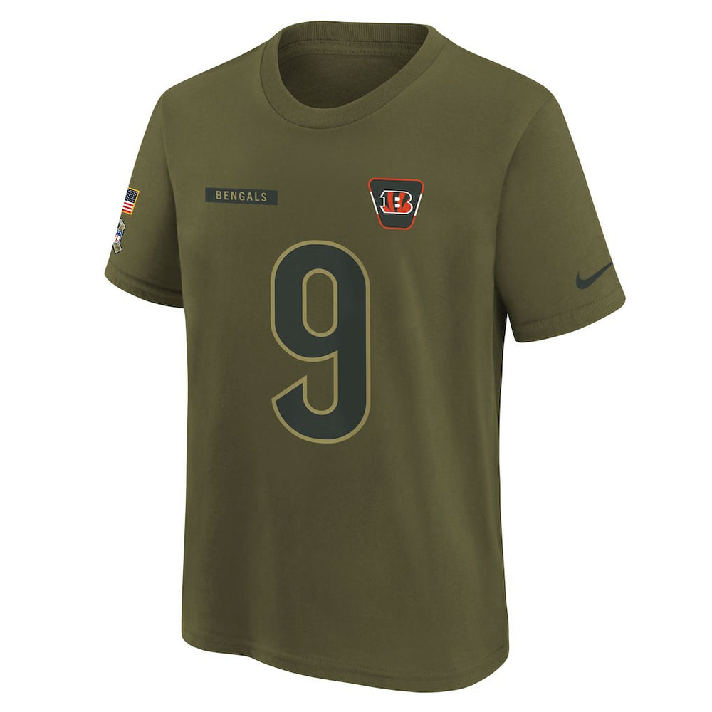 Joe Burrow Cincinnati Bengals Youth 2025 Salute to Service Name & Number T-Shirt Olive