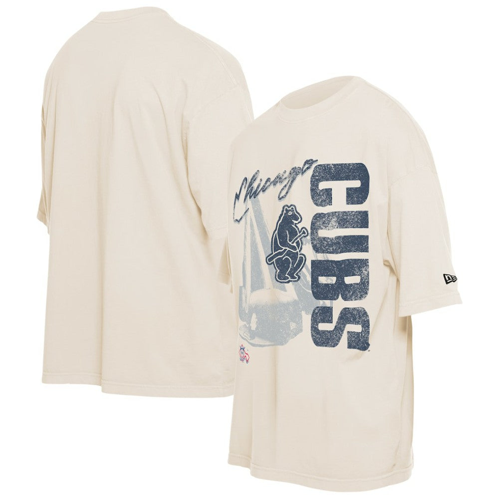 Chicago Cubs New Era Cooperstown Collection Oversized Throwback Distressed T-Shirt - Cream T-shirts