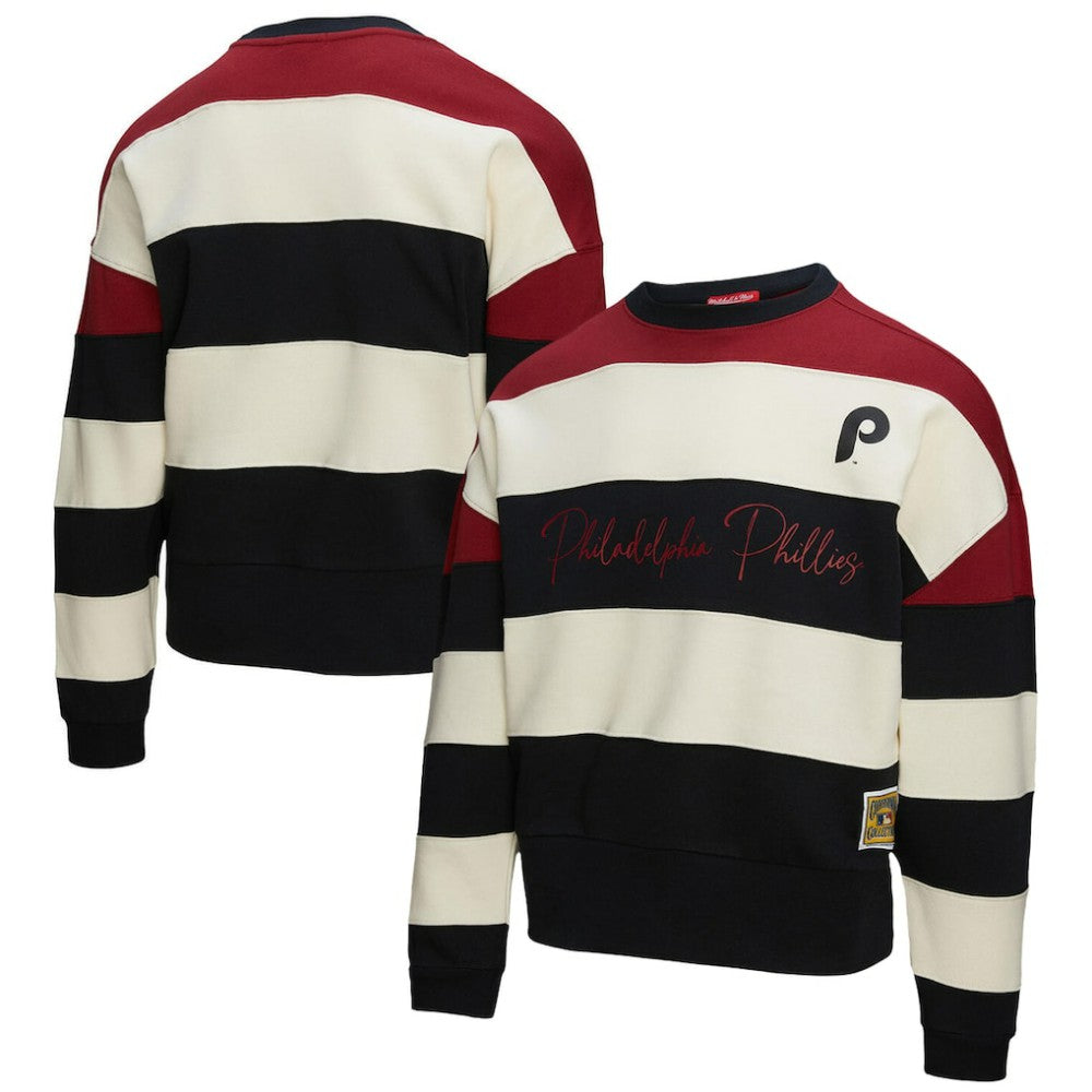 Philadelphia Phillies Mitchell & Ness Women's Cooperstown Collection Blocked Fleece Pullover Sweatshirt- Burgundy/Black Pullover