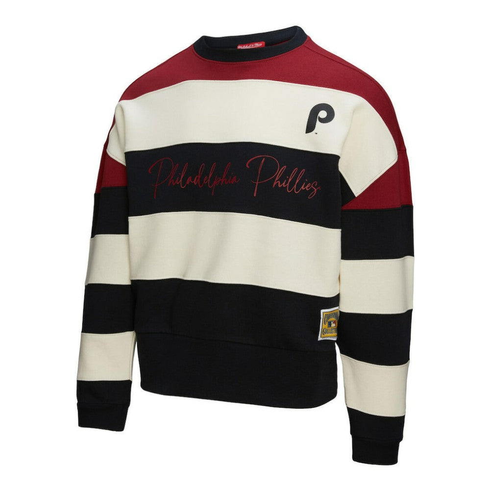 Philadelphia Phillies Mitchell & Ness Women's Cooperstown Collection Blocked Fleece Pullover Sweatshirt- Burgundy/Black Pullover