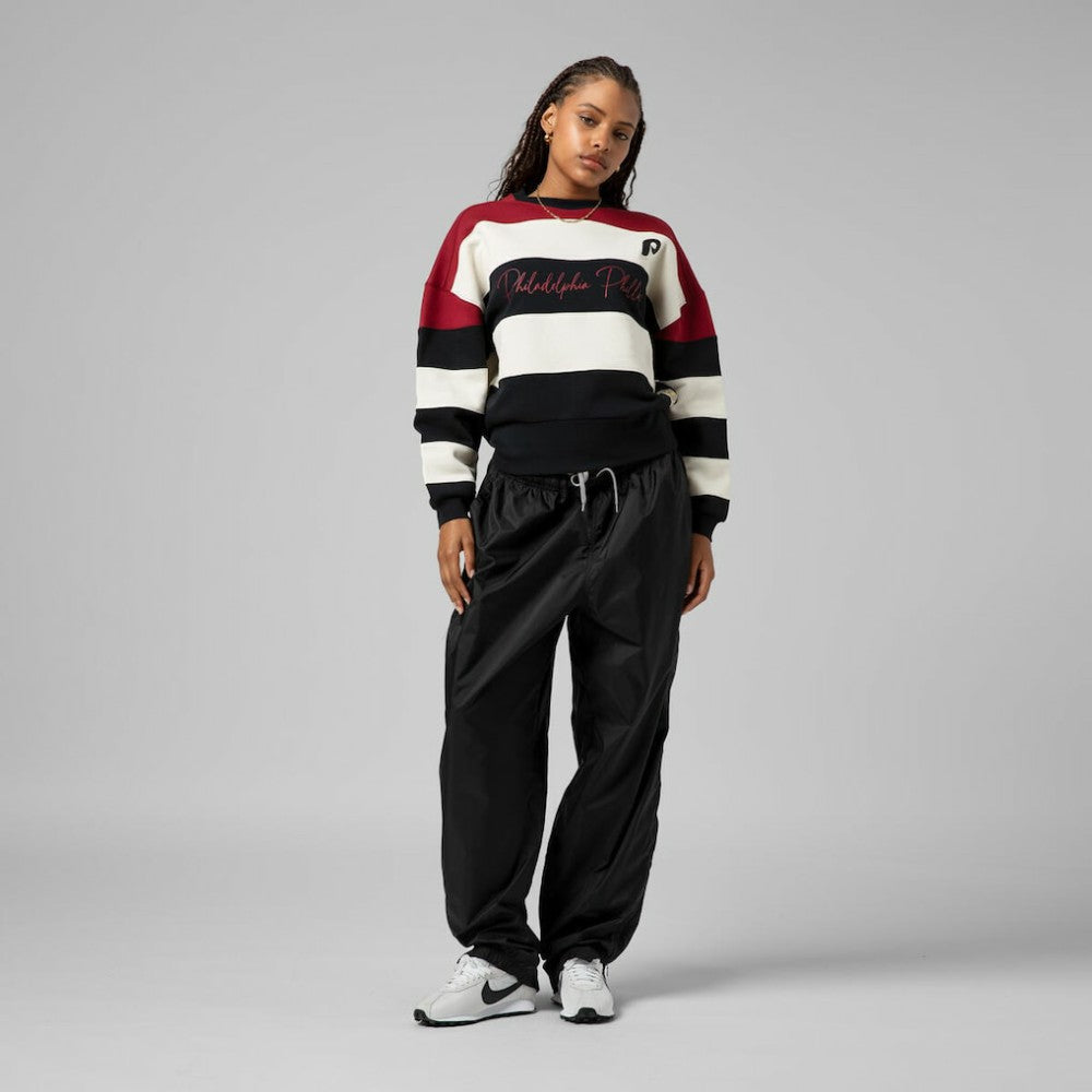 Philadelphia Phillies Mitchell & Ness Women's Cooperstown Collection Blocked Fleece Pullover Sweatshirt- Burgundy/Black Pullover