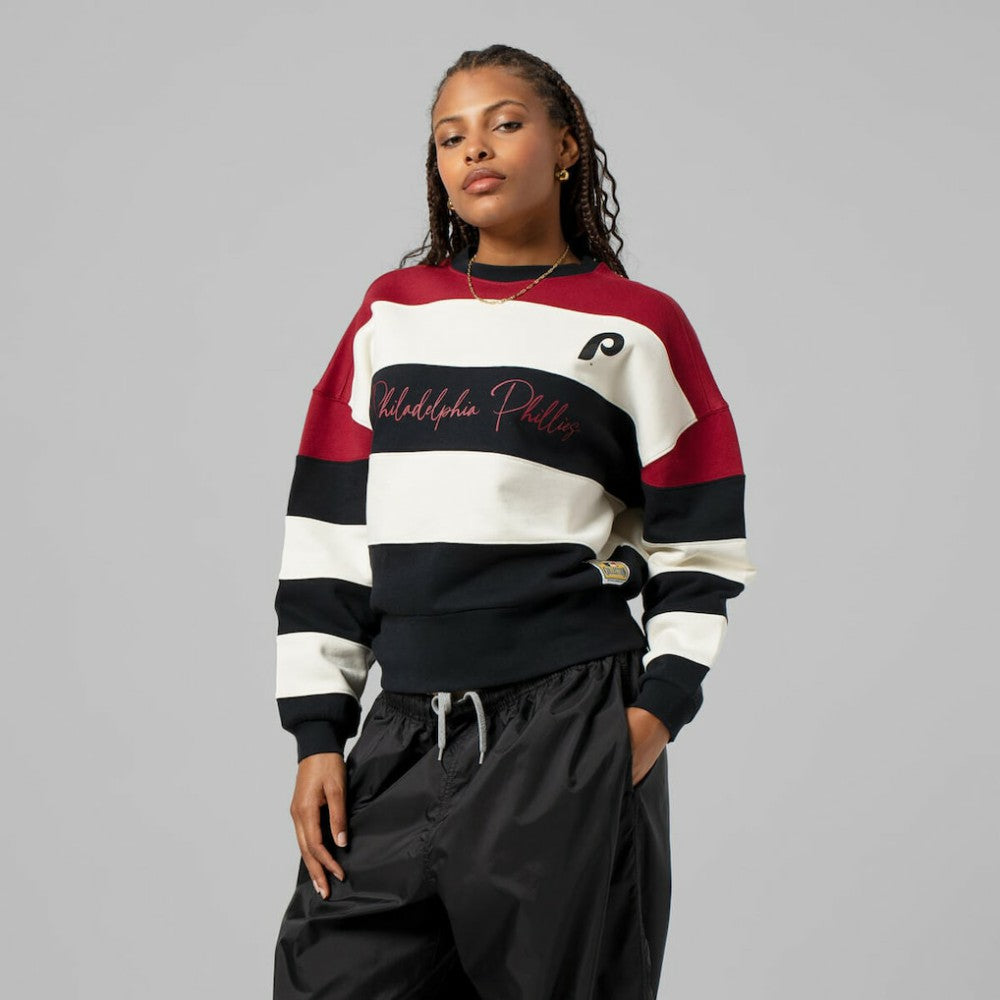 Philadelphia Phillies Mitchell & Ness Women's Cooperstown Collection Blocked Fleece Pullover Sweatshirt- Burgundy/Black Pullover