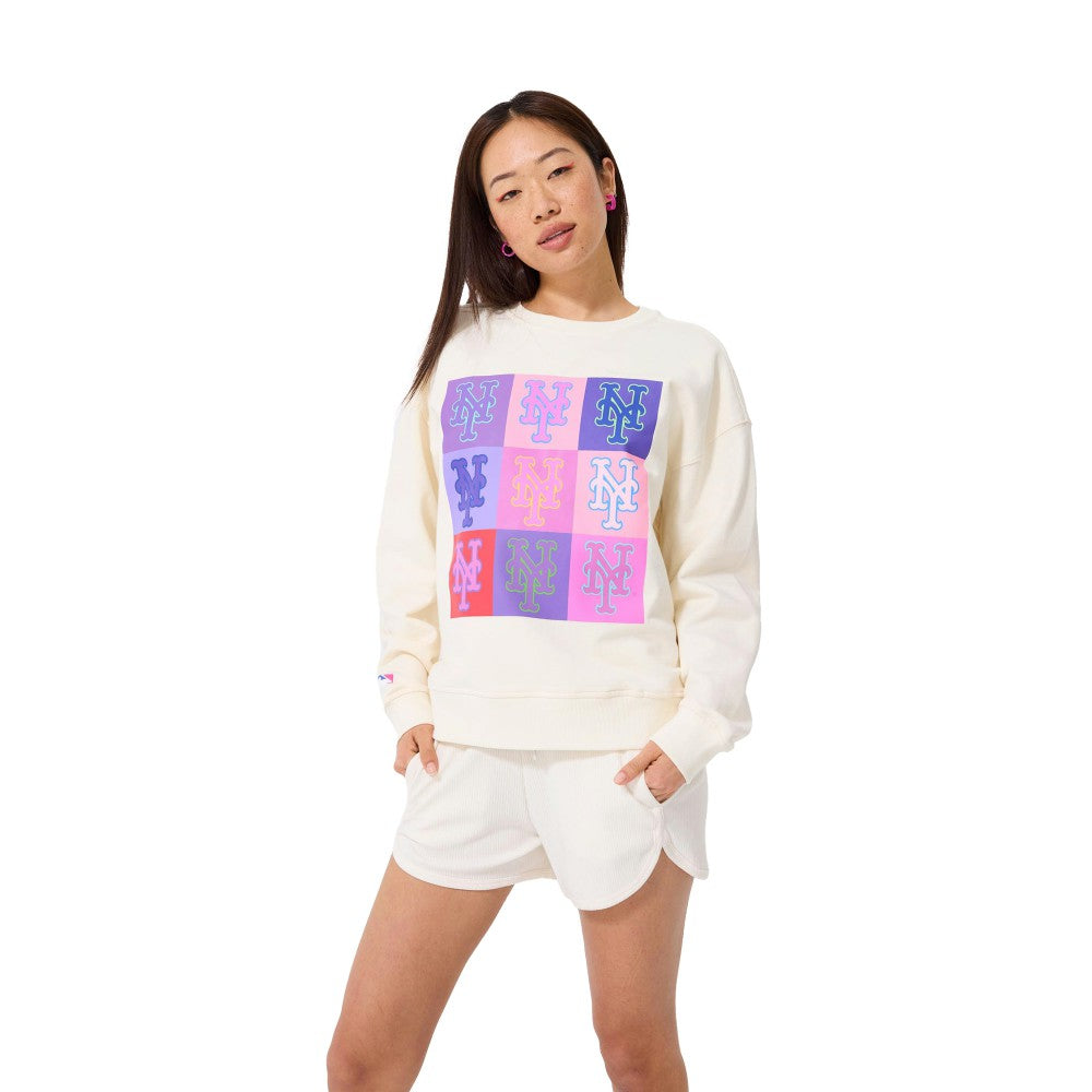 New York Mets Terez Women's Technicolor  Oversized Pullover Sweatshirt - Cream Pullover