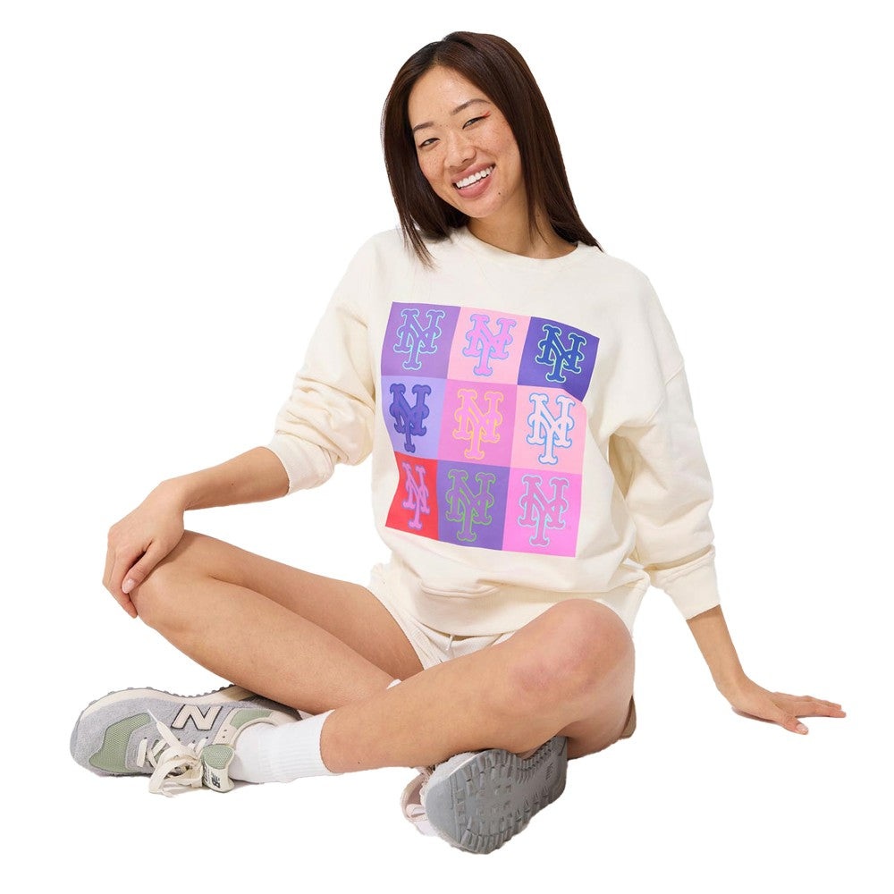 New York Mets Terez Women's Technicolor  Oversized Pullover Sweatshirt - Cream Pullover