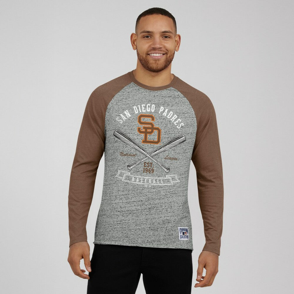 San Diego Padres Darius Rucker Collection by Fanatics Raw Edge Raglan Long Sleeve Baseball T-Shirt - Heather Gray T-shirts
