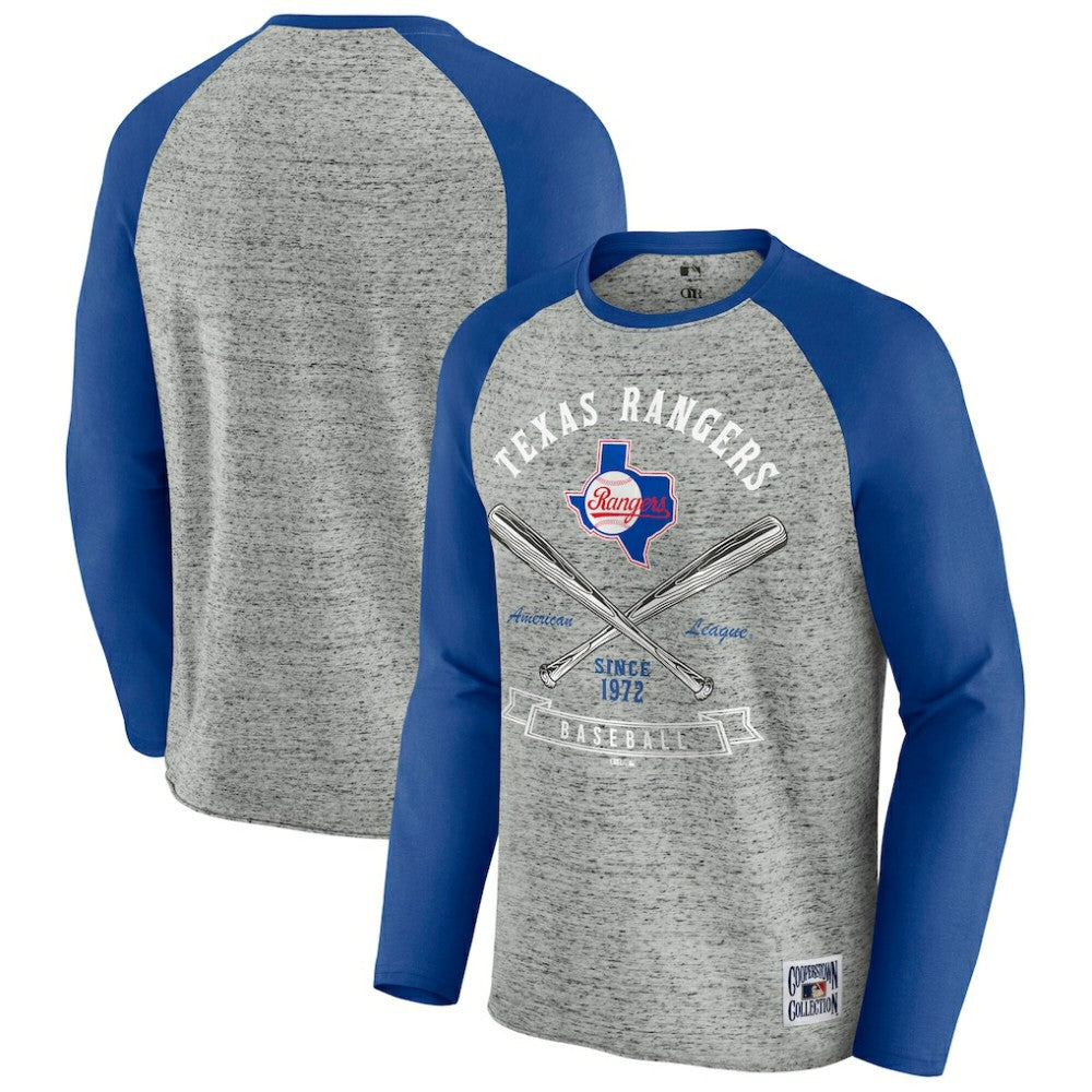 Texas Rangers Darius Rucker Collection by Fanatics Raw Edge Raglan Long Sleeve Baseball T-Shirt - Heather Gray T-shirts