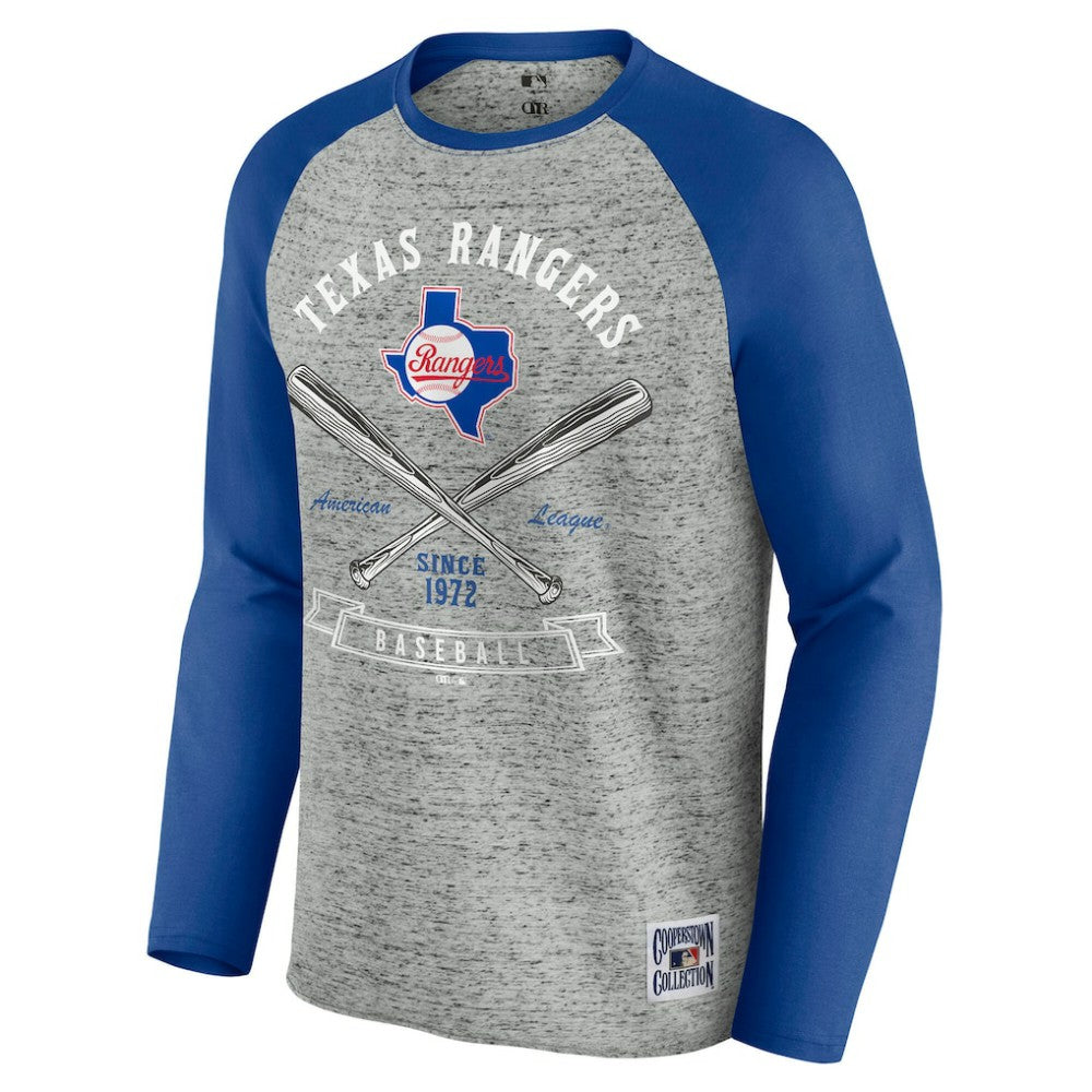 Texas Rangers Darius Rucker Collection by Fanatics Raw Edge Raglan Long Sleeve Baseball T-Shirt - Heather Gray T-shirts